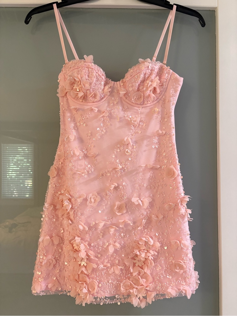 Oh Polly Light Pink Floral Embellished Mini Dress